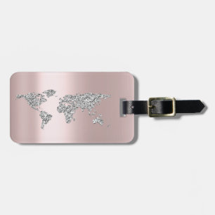 World Map Rose Grey Address Name Elegant Luggage Tag