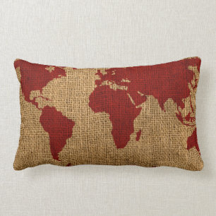 World Map Rustic Red Lumbar Cushion
