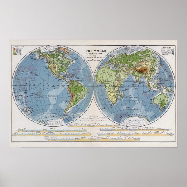 World Map showing Heights of Land depth of Sea Poster (Front)