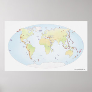 World map showing sites of volcanic activity poster