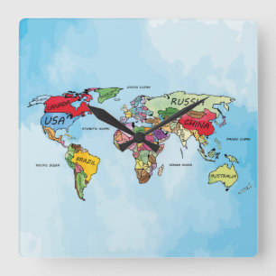 World Map Square Wall Clock