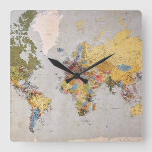 world map square wall clock