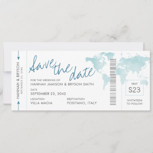 World Map Teal Blue Boarding Pass Save the Date