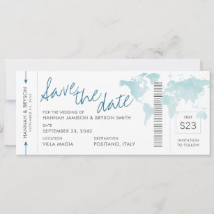 World Map Teal Blue Boarding Pass Save the Date