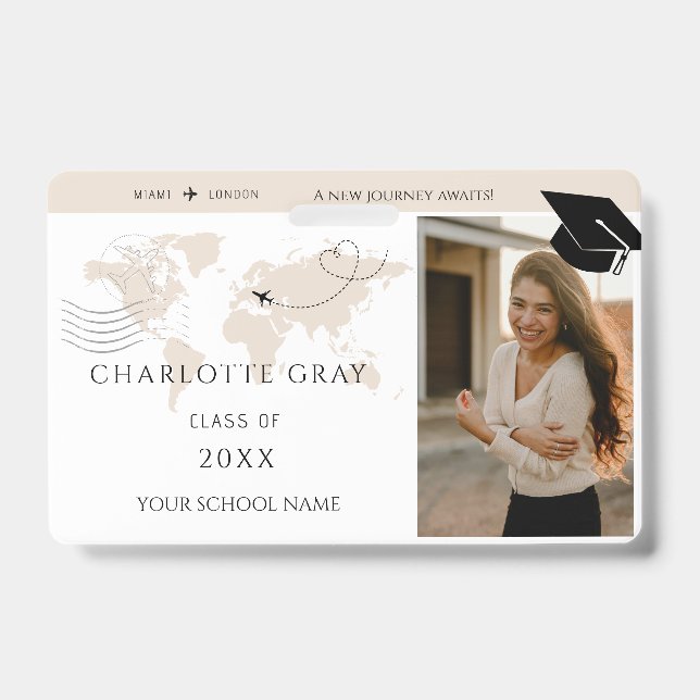 World Map travel adventure begins GRAD name ID Badge (Front)