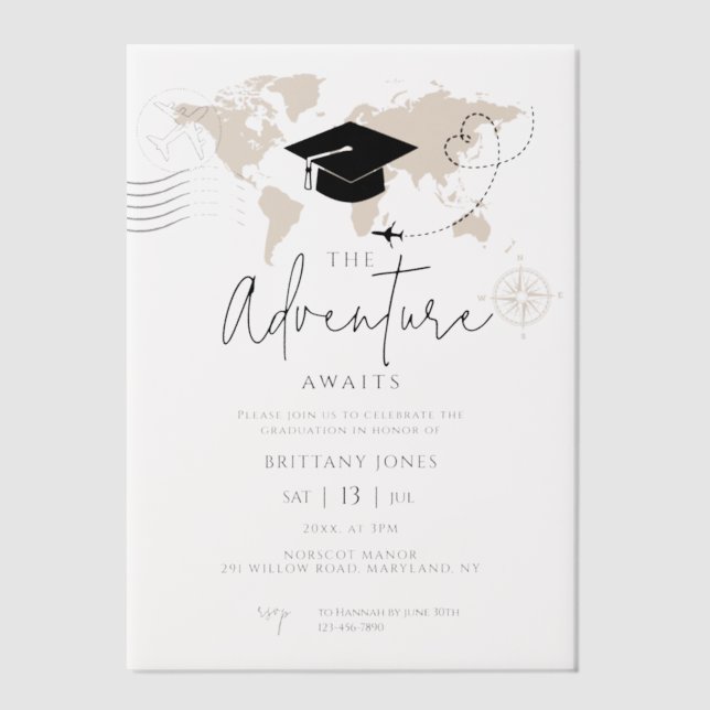 World Map travel adventure begins Graduation Vellum Invitations (Front)