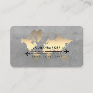 World Map Travel Agent Watercolor Gold Tourism Bus Business Card