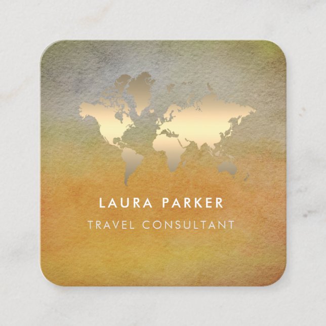 World Map Travel Agent Watercolor Gold Tourism Bus Square Business Card (Front)