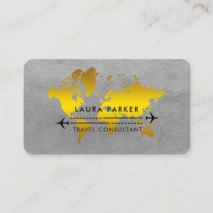 World Map Travel Agent Watercolor Gold Tourism Business Card