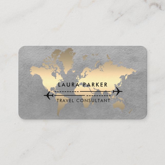 World Map Travel Agent Watercolour Gold Tourism  Business Card (Front)