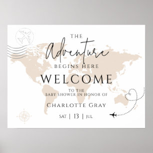 World map travel baby shower welcome sign poster