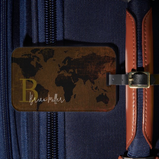 World Map Traveller Signature Brown Luggage Tag (Front Insitu 4)