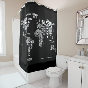 World Map Typography Shower Curtain, Black & White Shower Curtain
