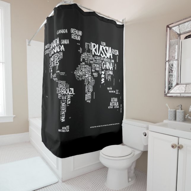 World Map Typography Shower Curtain, Black & White Shower Curtain (In Situ)