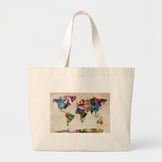 World Map Urban Watercolor Large Tote Bag (Front)