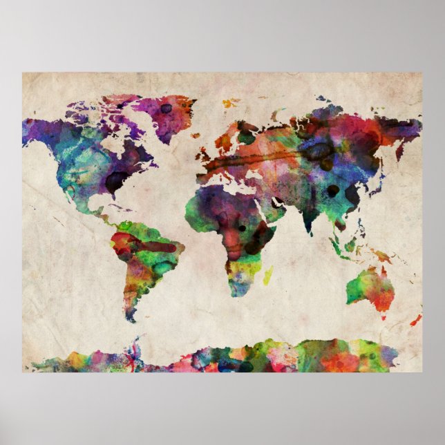 World Map Urban Watercolor Poster (Front)