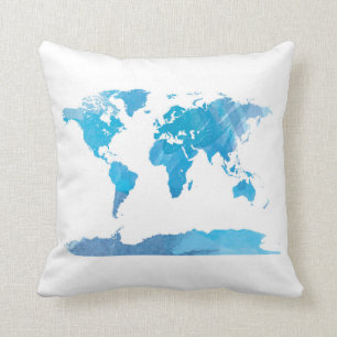 World Map Watercolor Painting Blue Art Cushion
