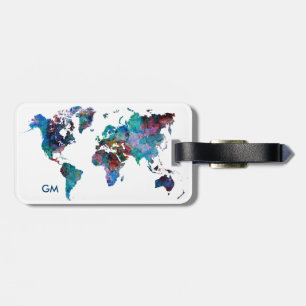 World Map Watercolor painting Custom Monogram Luggage Tag