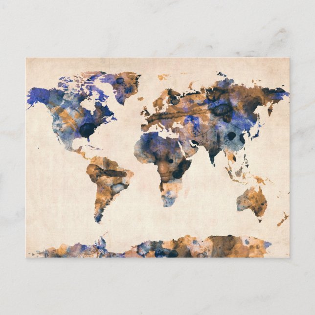 World Map Watercolor Postcard (Front)