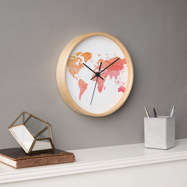 World Map Watercolor Wall Clock (Office)