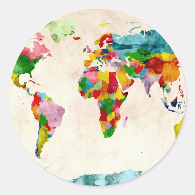 World Map Watercolors Classic Round Sticker (Front)