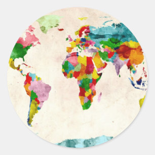World Map Watercolors Classic Round Sticker