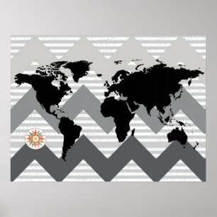 world map with chevron stripes poster