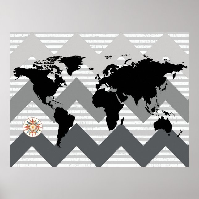world map with chevron stripes poster (Front)