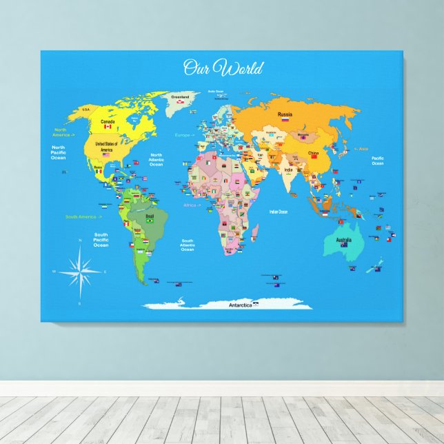 World Map with Flags   Canvas Print (Insitu (Wood Floor))