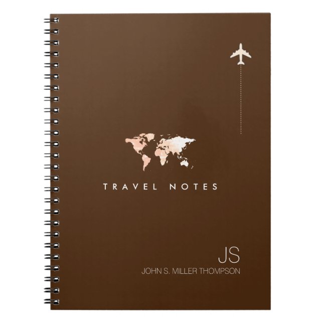 World Map with Name, Brown Travel Notebook (Front)