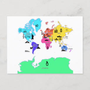 world map with names of the continents postcard