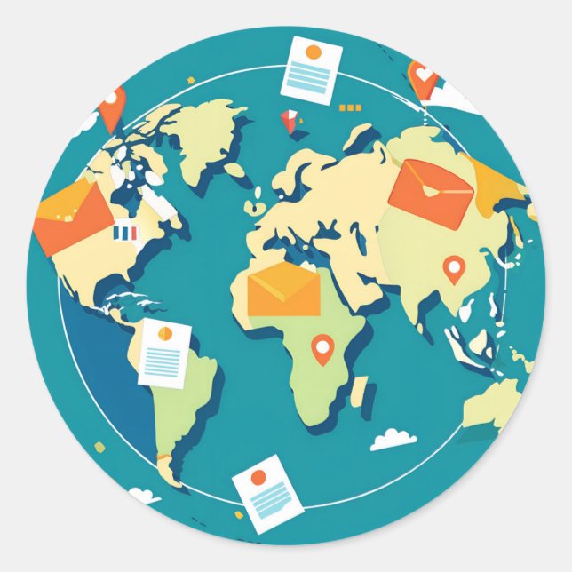 world-map-with-postcards-flying-between-countr classic round sticker (Front)