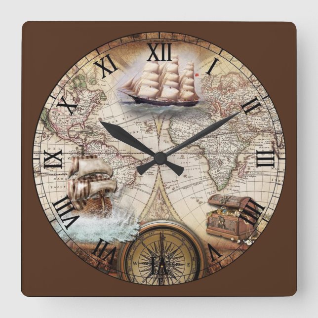 World Map with Ship and Compass Square Wall Clock (Front)