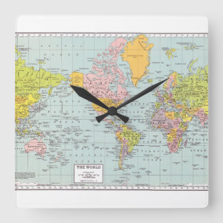 World Map with white border Square Wall Clock