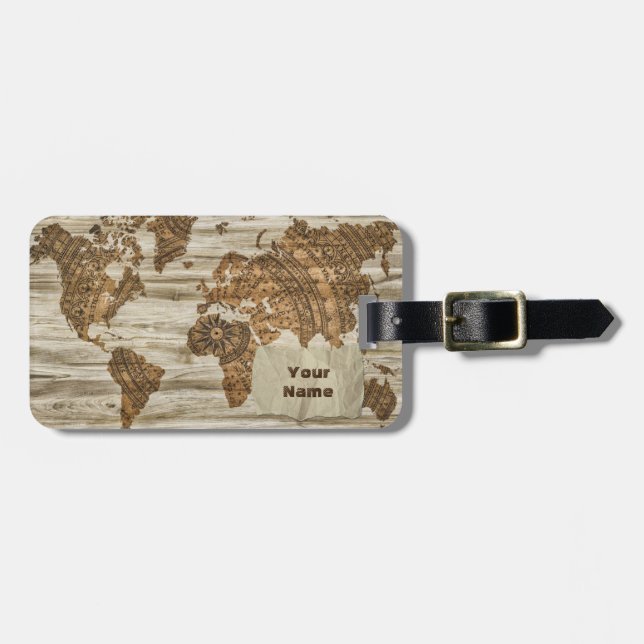 world map | wooden compass luggage tag (Front Horizontal)