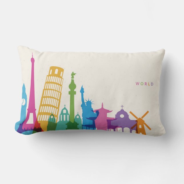 World Monuments Pastel Collage Lumbar Cushion (Front)