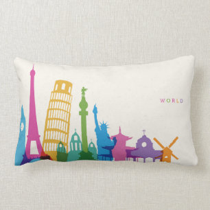 World Monuments Pastel Collage Lumbar Cushion
