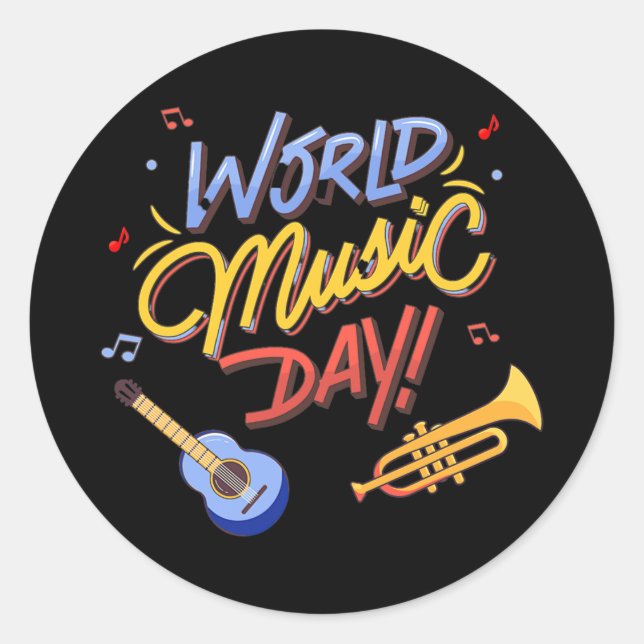 World music day quote trumpet guitar  classic round sticker (Front)