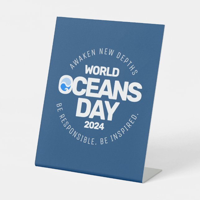 World Oceans Day Blue Stylised Earth Waves Pedestal Sign (Front)
