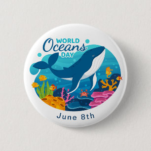 World Oceans Day Blue Whale Fish Coral Custom Text 6 Cm Round Badge