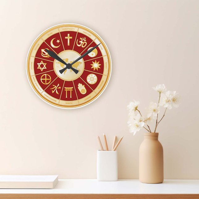 World of Faith Round Clock (World of Faith Clock. Gold symbols of international religions surround a world map. )