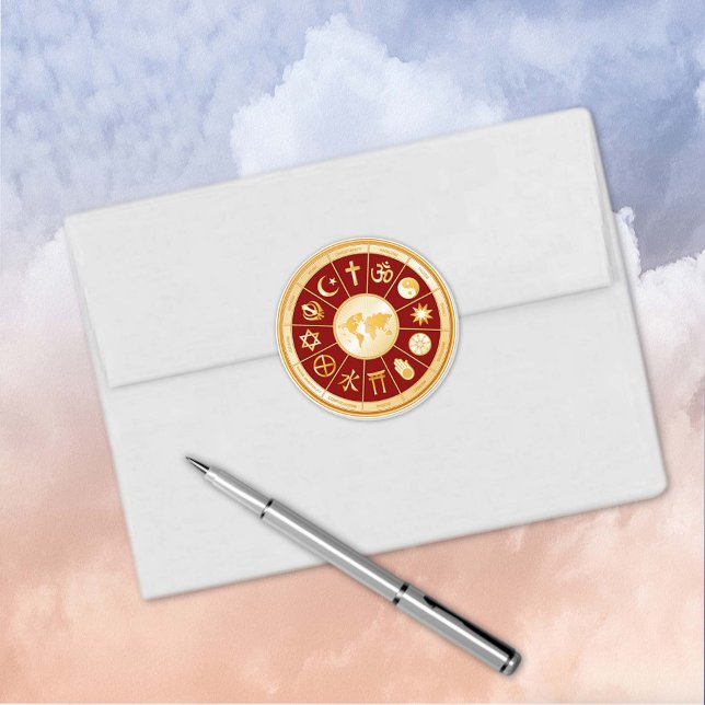 World of Faith Round Sticker (World of Faith Round Sticker. Gold symbols of international religions surround a world map. )