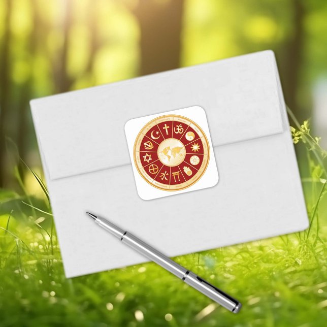 World of Faith Square Sticker (World of Faith Square Sticker.
Gold symbols of international religions surround a world map. )
