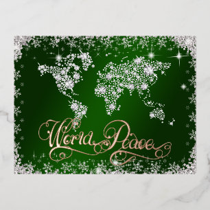 World Peace Emerald Green and Diamonds Foil Holiday Postcard