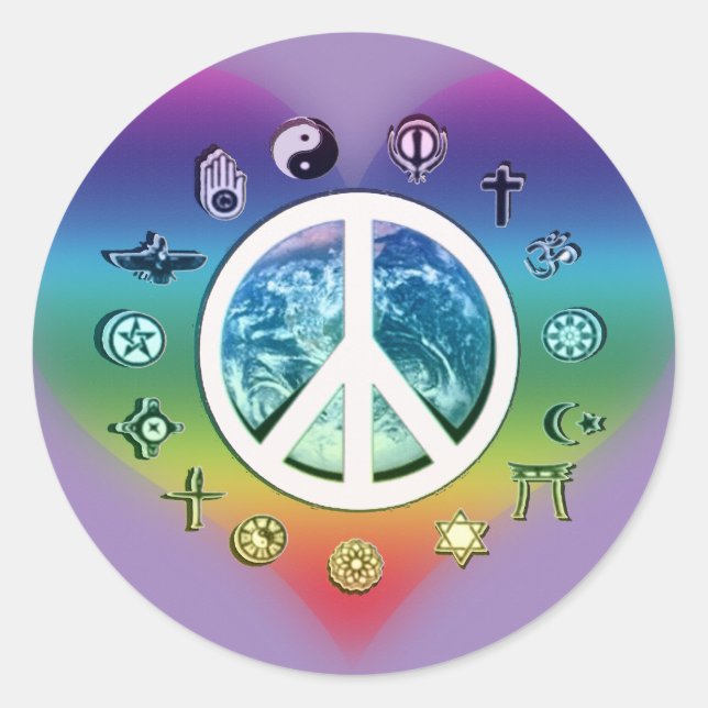 World Peace with Religious Symbols Classic Round Sticker (Front)