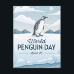 World Penguin Day Winter Nature Illustration Holiday Postcard<br><div class="desc">This charming digital illustration celebrates World Penguin Day with a stylized penguin standing in a serene polar landscape. Cool blue tones, snowy textures, and a glowing moon create a calm winter atmosphere, while elegant typography highlights April 25. A nature-inspired artwork that captures the beauty of penguins, polar environments, and wildlife...</div>