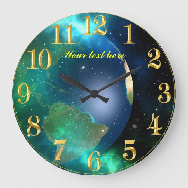 World planet space view with golden numbers large clock (Front)