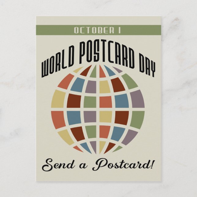 World Postcard Day with colourful squares globe (Front)