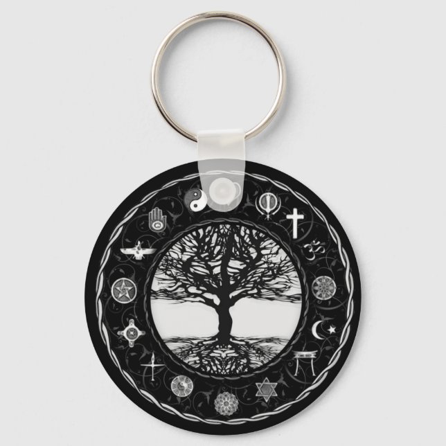 World Religions Black and White Tree Key Ring (Front)