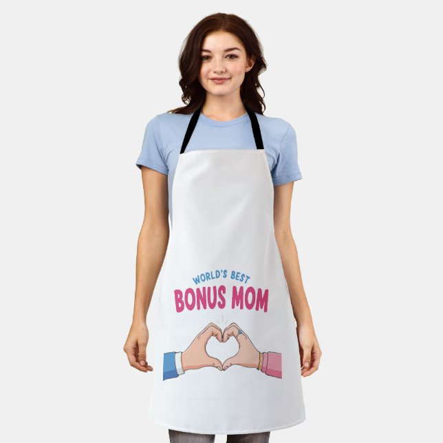  World’s Best Bonus Mum Heart Hands Gift Apron (Worn)